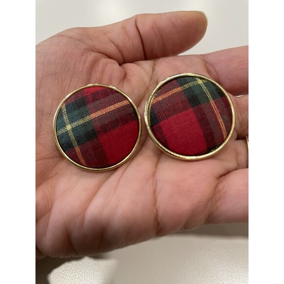 Vintage 80's Red Tartan Plaid Gold Ralph Lauren Christmas Earrings Clip On - Picture 1 of 3